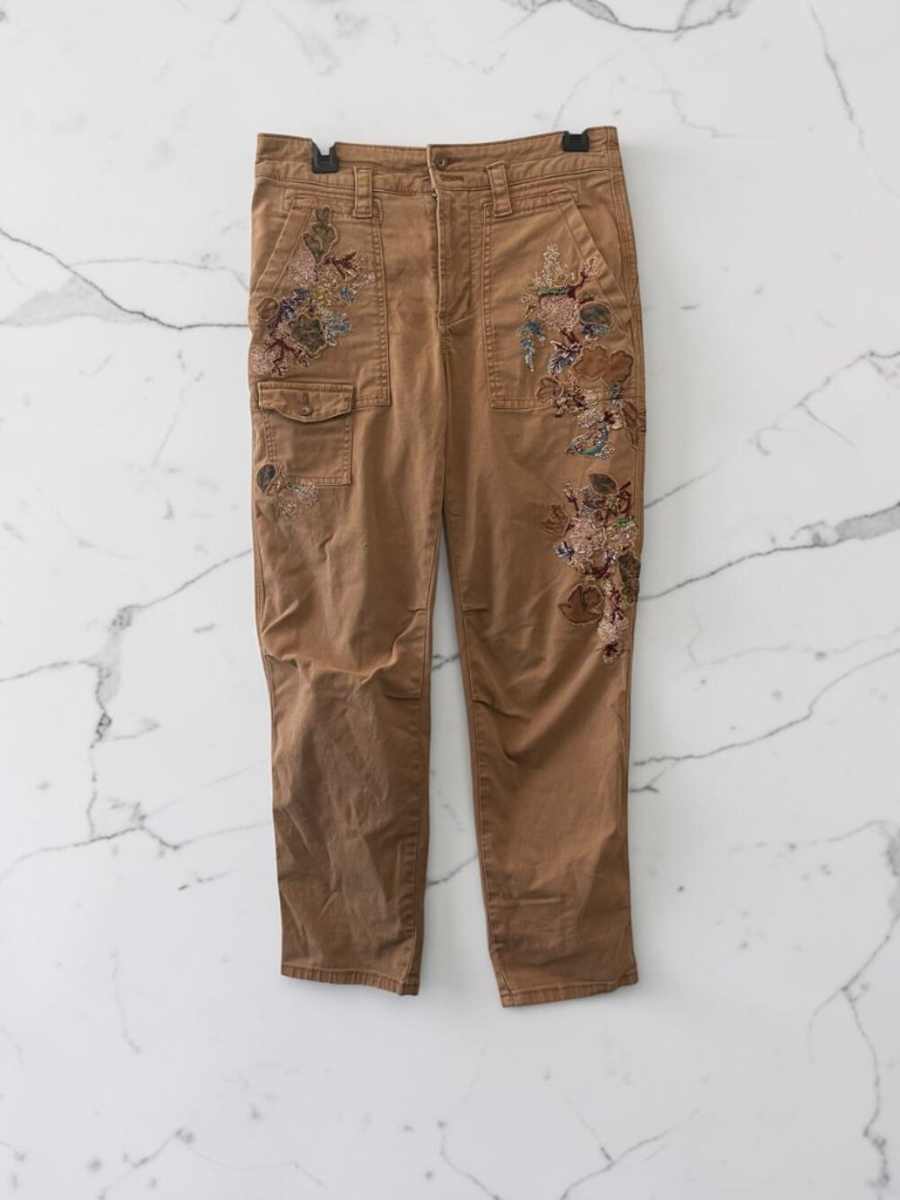 Anthropologie Wanderer Embroidered Cargo Pants Size 26 Brown Floral Utility - Picture 2 of 3